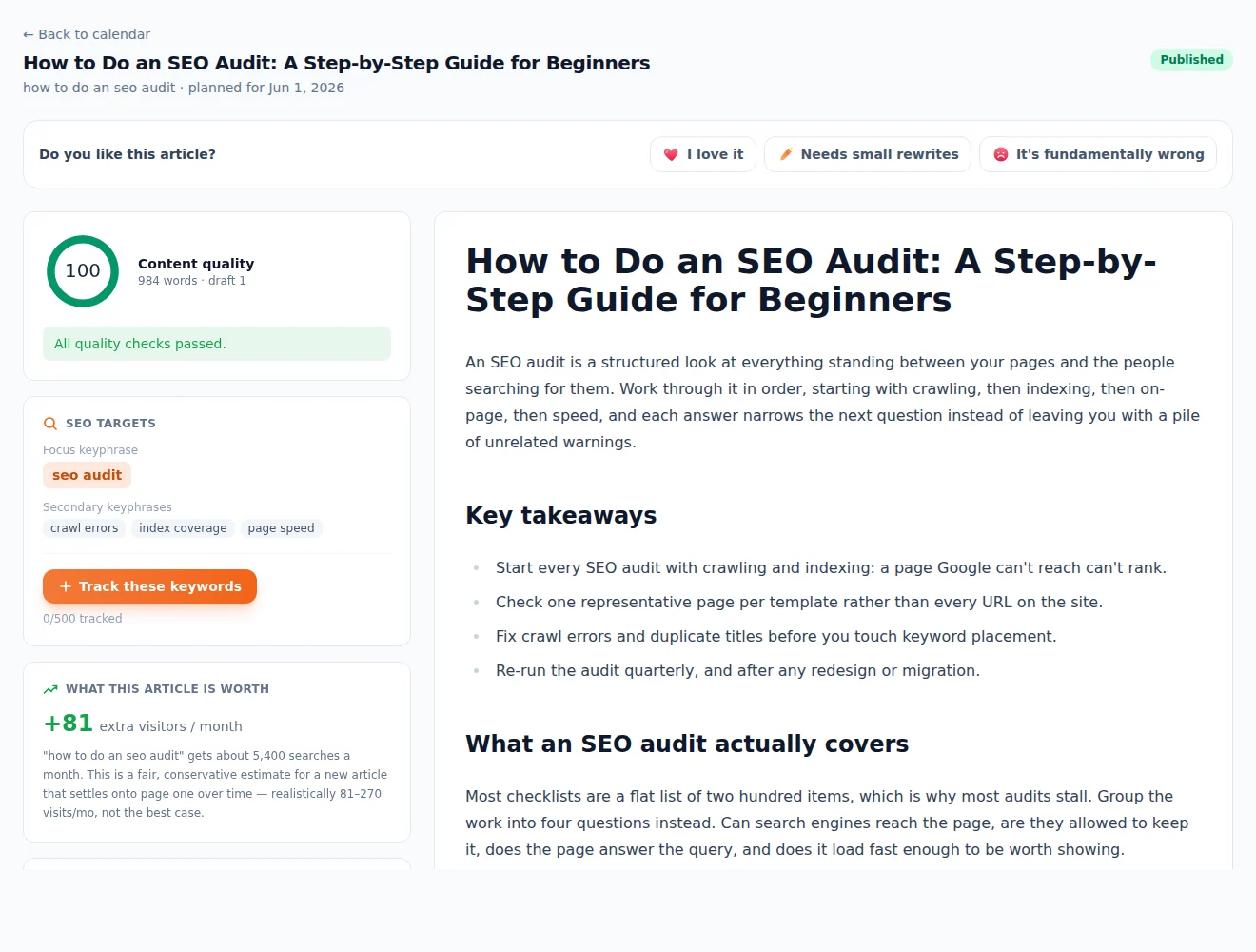 Article draft with its on-page SEO score and checks