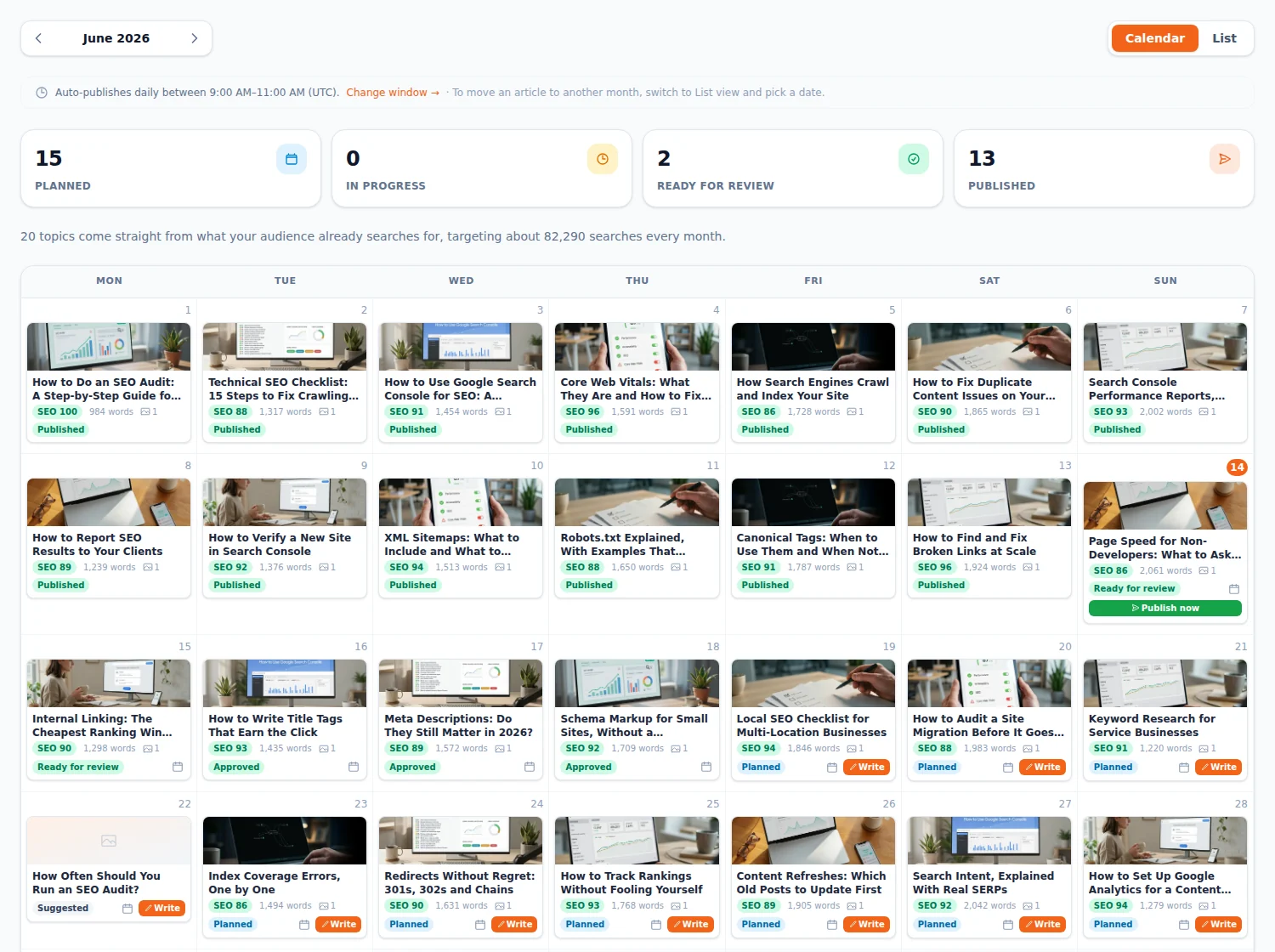 Content calendar showing a month of planned and published articles