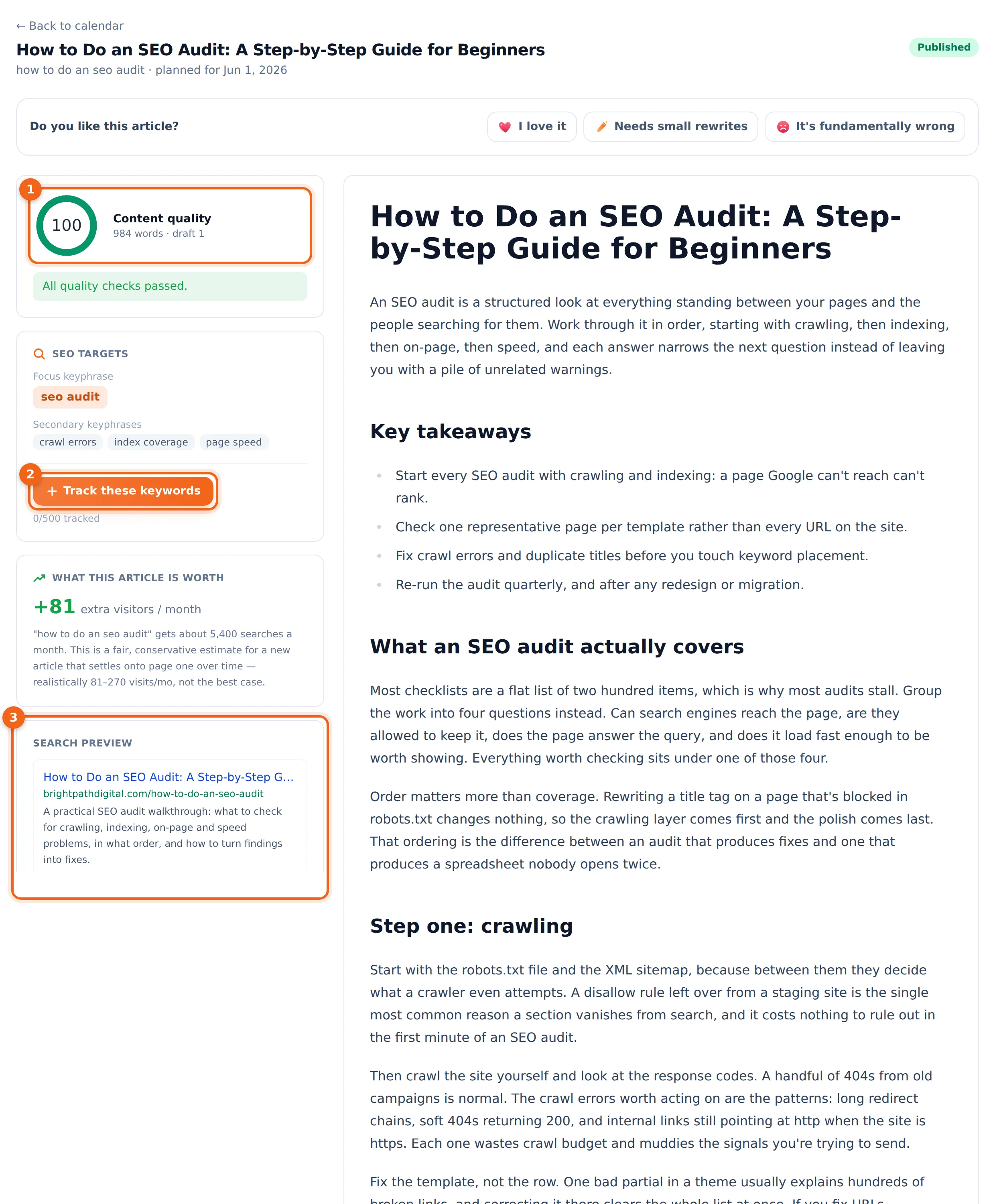 The article page — quality score, SEO targets, search preview and the article itself