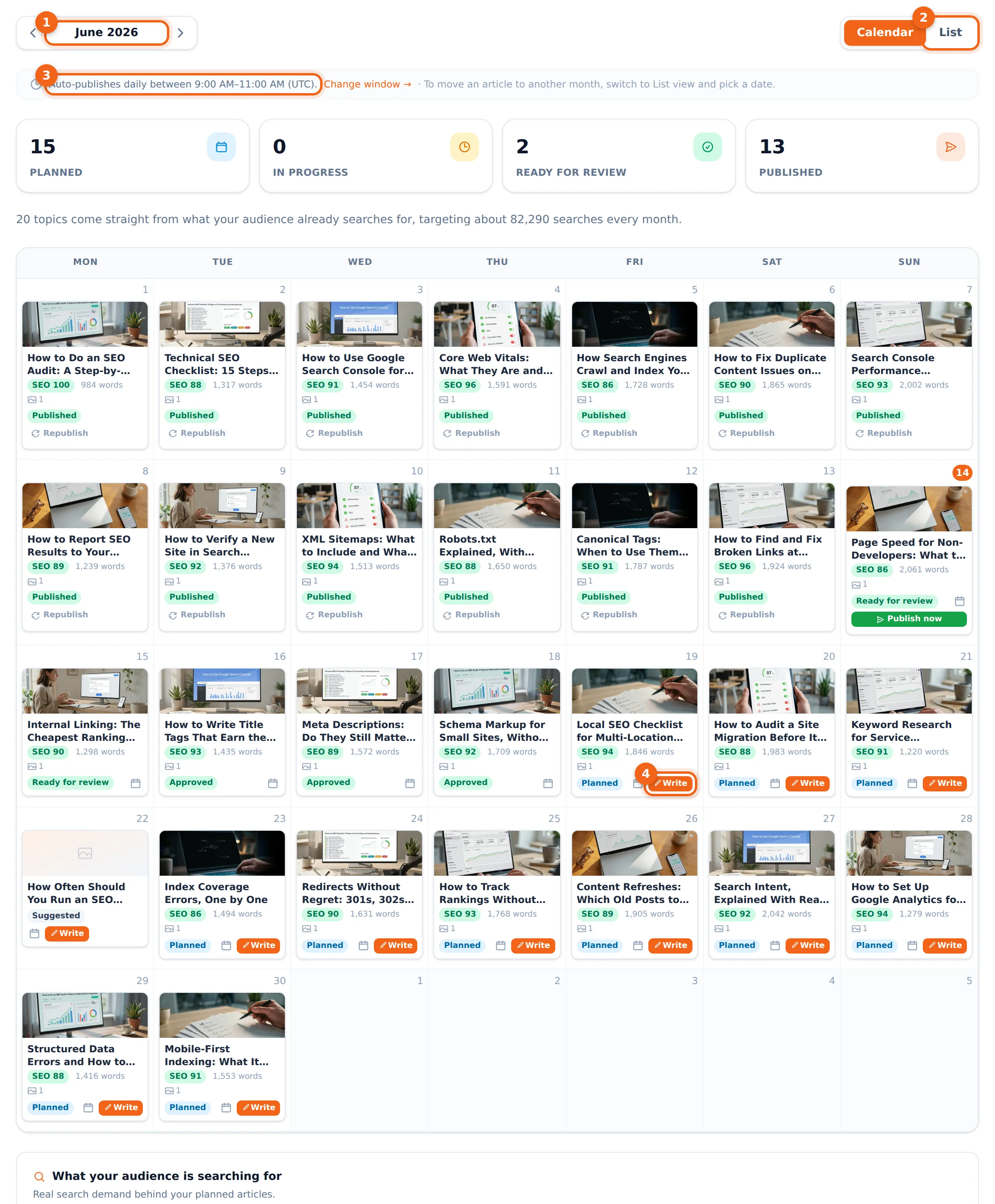 The content calendar — a month of planned and published articles