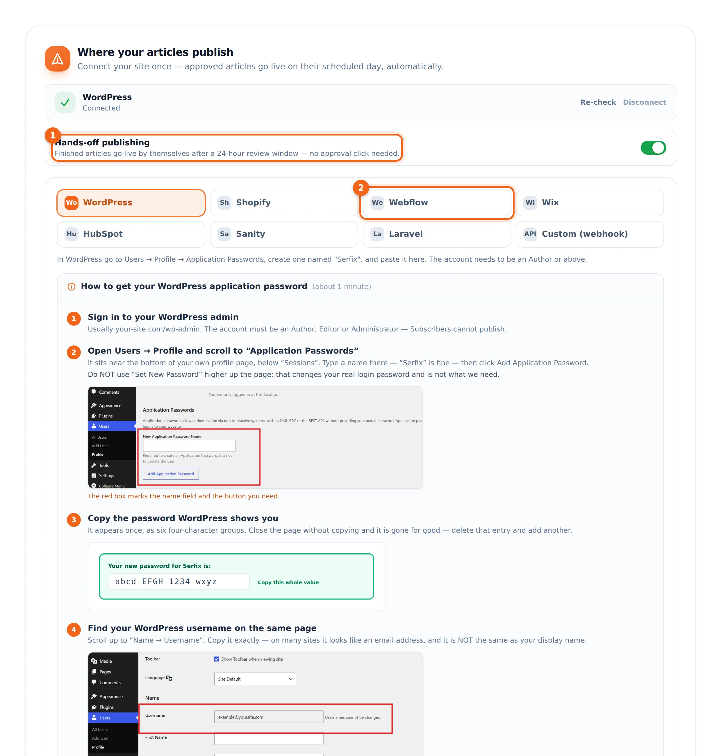 The Integrations page — eight publishing destinations with step-by-step connect guides