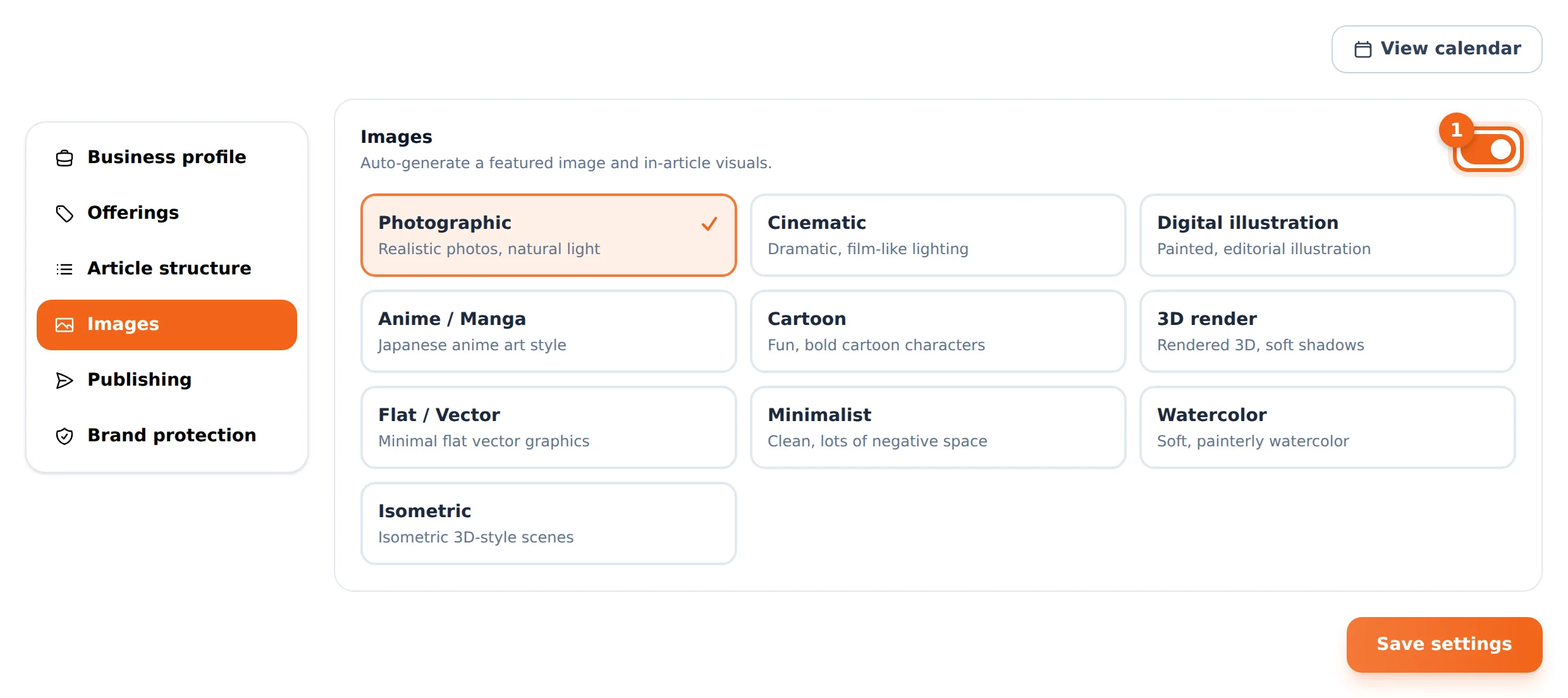Image settings — master switch and nine visual styles