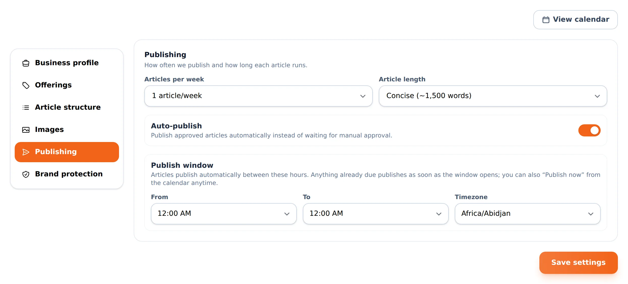 Publishing settings — cadence, article length and publish window