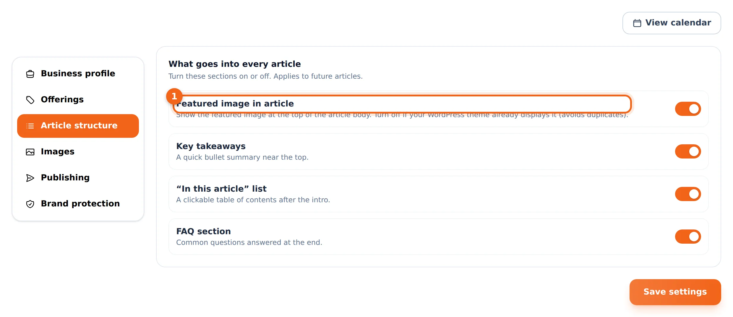 Article structure settings — featured image, takeaways, contents list and FAQ toggles