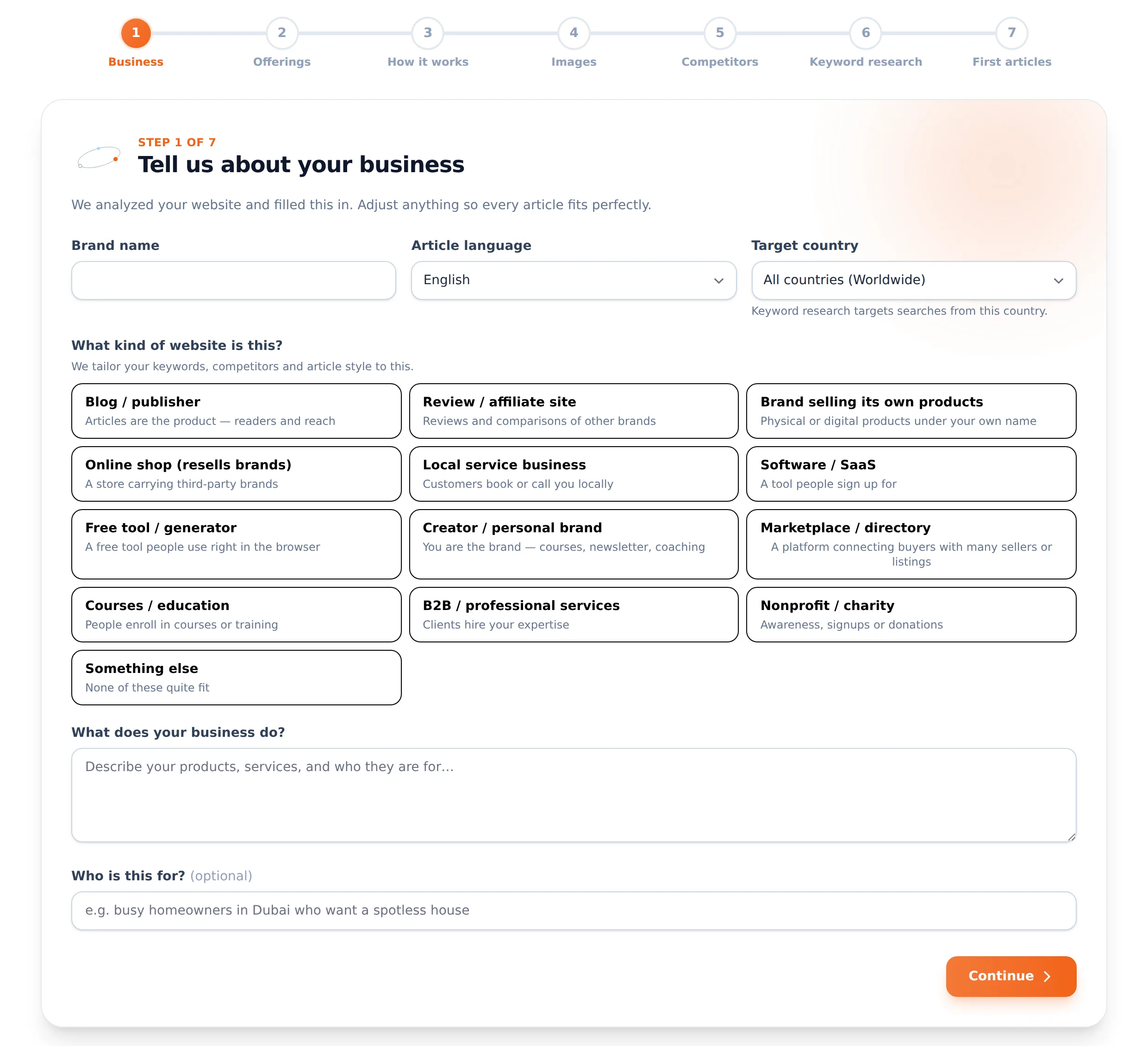 Onboarding step 1 — business profile with website type and description